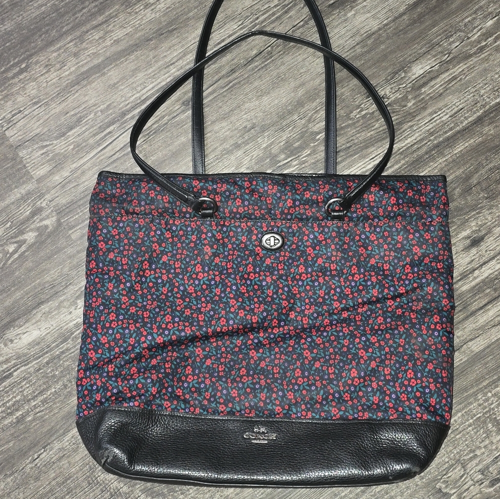 Coach Floral Black Tote Bag Purse Leather